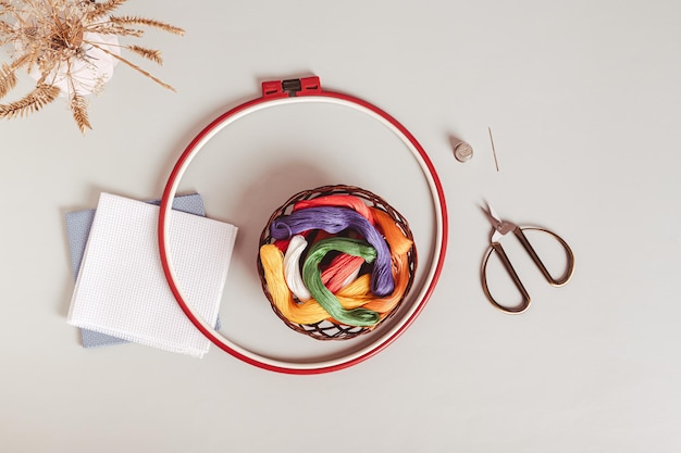 Ręce trzymają obręcz do haftu z kolorowymi nićmi